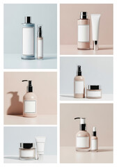 Collection of cosmetic products with blank labels on pastel backgrounds, skincare and beauty display, copy space
