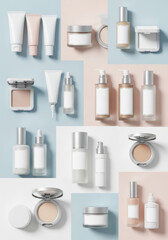 Arrangement of cosmetic products with blank labels on pastel background, skincare and beauty display, copy space