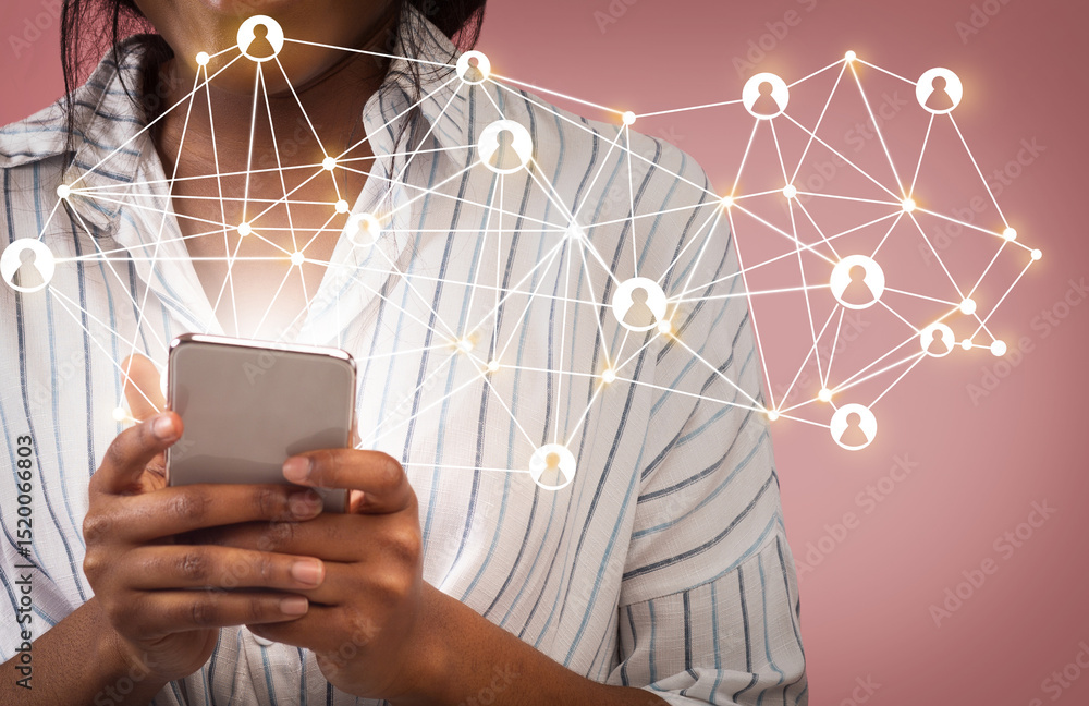Aufkleber african american girl using global network or data customer connection on cellphone, pink background