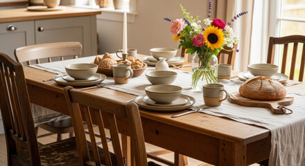 Cozy dining table setup with a cheerful mood featuring flowers, rustic bread, and tableware