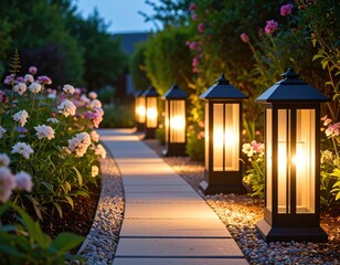 Fototapeta premium A paved walkway, lined with elegant lanterns, leads through a garden at twilight. Flowers bloom along the path