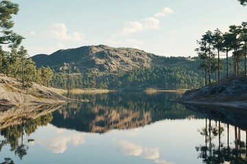 Scenic mountain lake landscape with clear reflections and surrounding pine trees