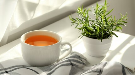 Cup of tea by a potted plant in natural daylight on a cozy morning