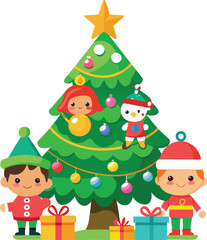 Cute Christmas Elves with Presents and Decorated Tree Illustration