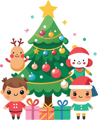 Fototapeta premium Cute Children Celebrating Christmas with Tree and Presents Illustration