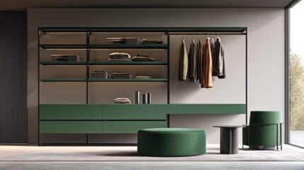 Interior dressing room features organized clothes and modern furnishings with green accents and natural lighting