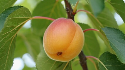 Ripe apricot hanging on a tree branch with green leaves around it