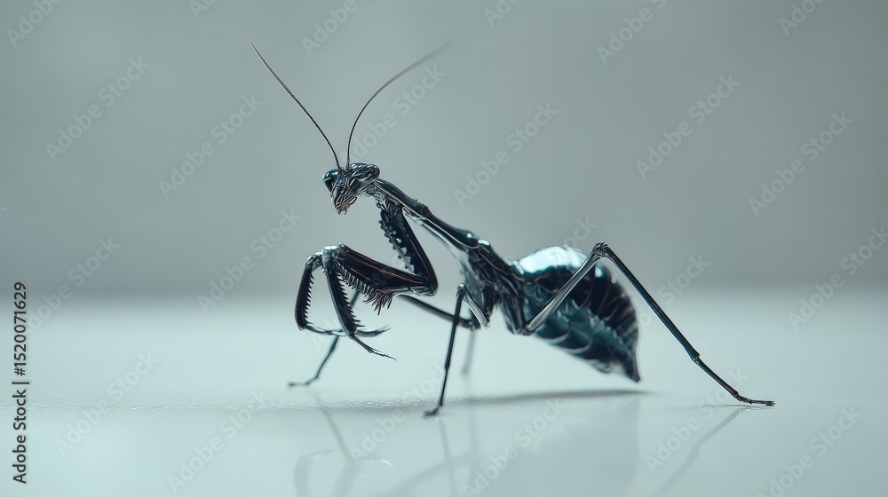 Poster a close-up view of a mantis on a reflective surface showcasing its intricate details.