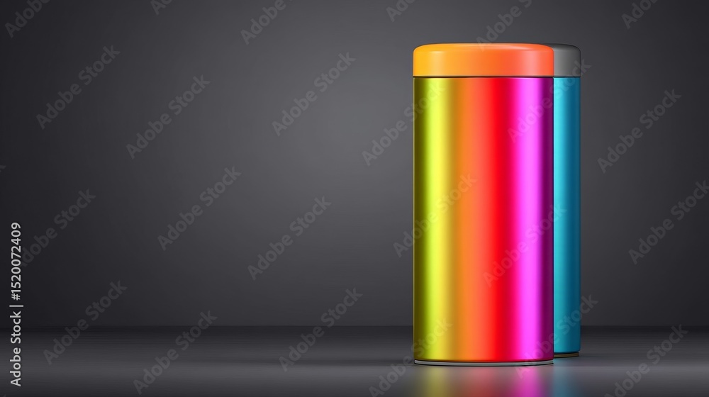 Poster a colorful canister with a gradient design on a dark background.