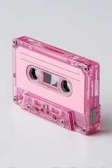 Obraz premium A vibrant pink translucent cassette tape on a white background. Perfect for nostalgic, retro, or 80s themed projects. Isolated, clean design.
