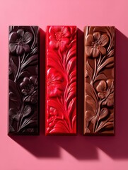 Three gourmet chocolate bars with intricate floral designs.  Rich colors and shadows create visual appeal. Ideal for food blogs, packaging, or confectionery advertising.