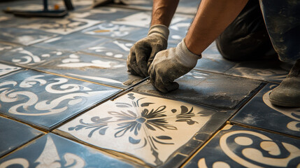 A tiler uses a guide wire to meticulously align and install floor tiles, maintaining precise spacing and pattern