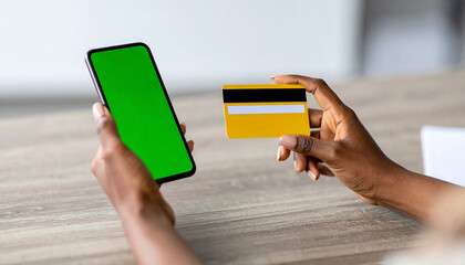 Happy woman, hands and phone with credit card for payment, online shopping or transaction in living room at home. Closeup of female person or shopper on mobile smartphone with debit for ecommerce