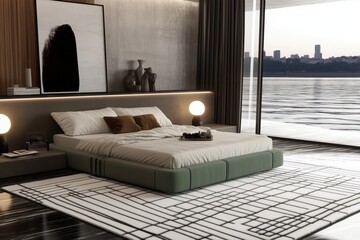Modern stylish bedroom in warm green-blue tones