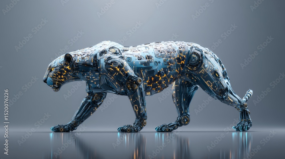 Poster a futuristic robotic panther designed with intricate details and glowing features.