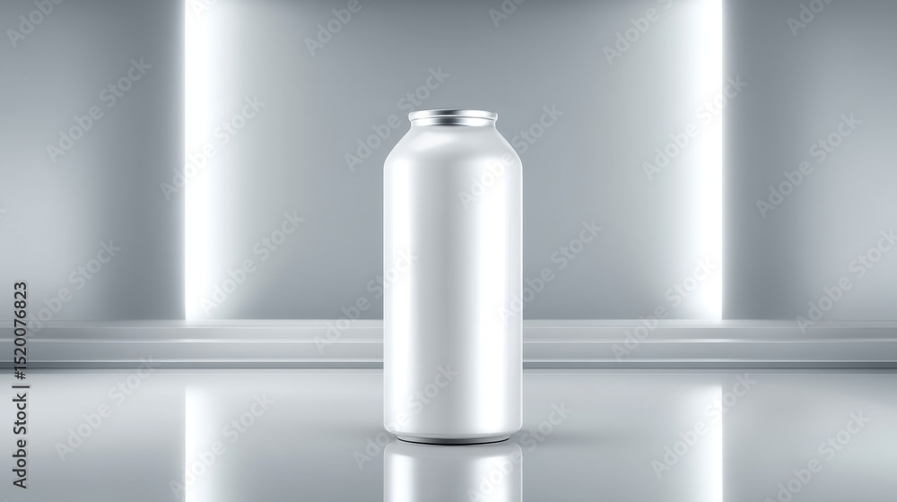 Poster a minimalistic image of a blank white can in a modern, illuminated space.