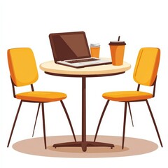 Digital Nomad Living Concept, a coffee shop table with laptop clipart, mobile office setup, flat design style, earthy colors, isolated on white background