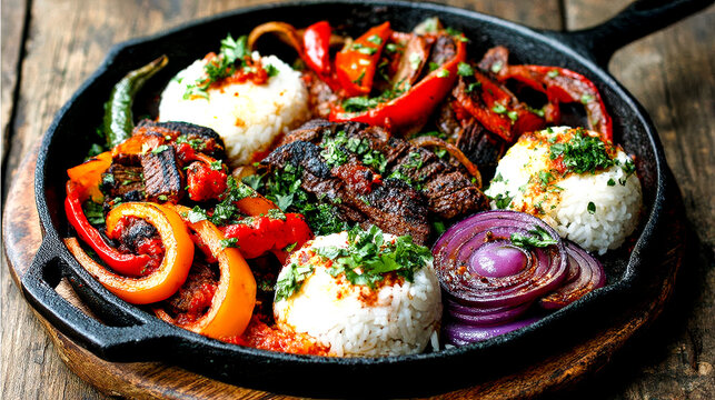 Close-up of traditional Parrillada with grilled beef, peppers, onions, and rice in a cast iron skillet on a wooden table.
