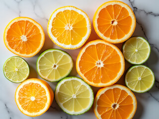 Obraz premium Assorted citrus fruits sliced in half, arranged flat-lay on a marble background.