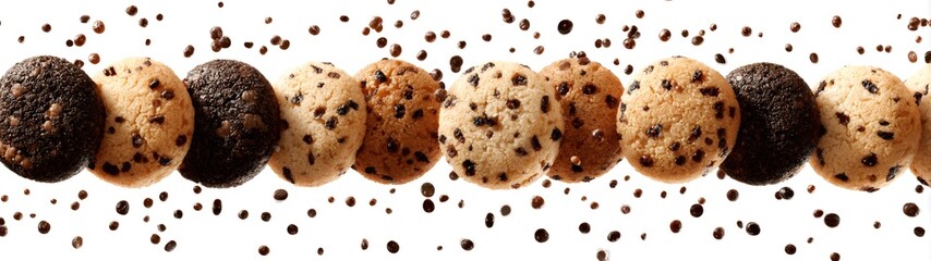 Chocolate chip cookies flying with chocolate chips on white background