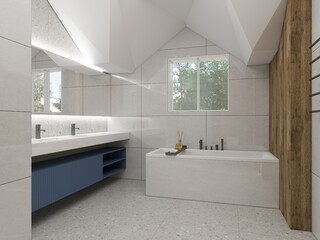A modern, minimalist bathroom featuring sleek grey tiles, a blue vanity, large window with natural light, and a wooden accent wall, perfect for a relaxing, contemporary setting