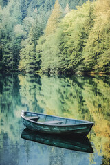 Obraz premium A tranquil scene of a boat floating on a calm lake, surrounded by trees with their vibrant reflections on the waters surface