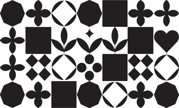 Abstract black and white pattern with geometric shapes and decorative elements