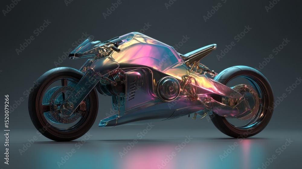 Poster a sleek futuristic motorcycle with a reflective surface and dynamic design features.