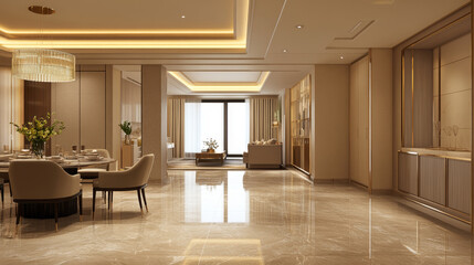 Fototapeta premium Rendered image of a modern apartment's interior, showcasing a dining area with a table and chairs, and a spacious, empty living room with beige walls
