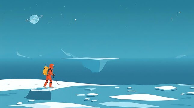 Astronaut exploring icy alien planet.