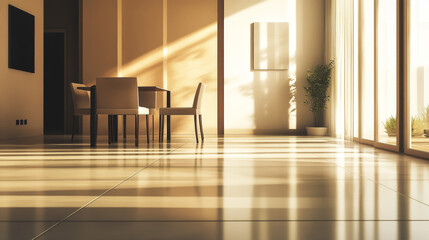 Fototapeta premium Rendered image of a modern apartment's interior, showcasing a dining area with a table and chairs, and a spacious, empty living room with beige walls