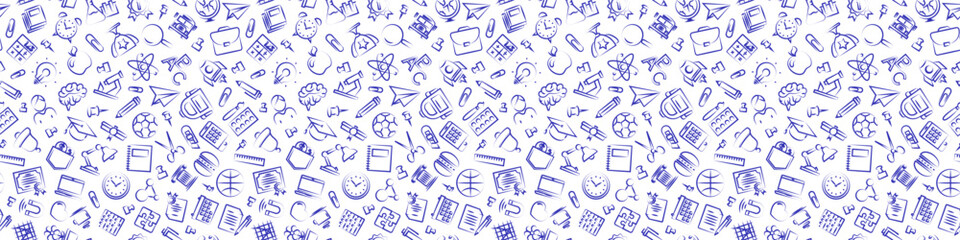 Education and school pattern with hand drawn thin line icons school supplies on white background for poster, banner. social media post, decoration. Vector Illustration