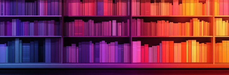 Bookshelf with colorful books showing a gradient from purple to orange