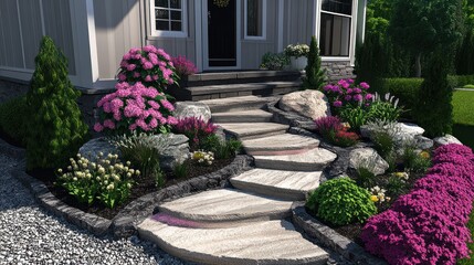 Curved stone steps, landscaped front porch, house exterior