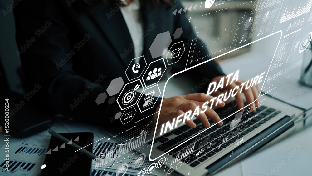 Poster modern business environment featuring data infrastructure concepts and professional working on lapto
