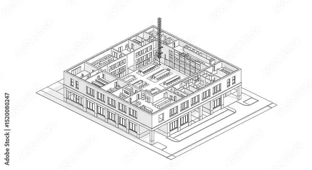 Aufkleber isometric architectural blueprint rendering with white background depicting building structure with 