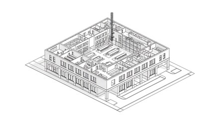 Isometric architectural blueprint rendering with white background depicting building structure with windows and internal details.