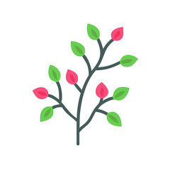 Colorful branch with green leaves and pink buds on a white background  