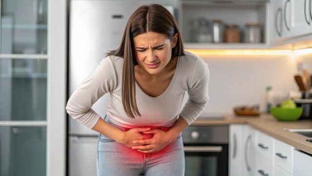Gut Health and IBS Symptoms &ndash; Digestive Wellness Concept, Woman in a kitchen experiences sudden pain, bending over while holding her stomach.