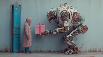 futuristic robot handing gift to invisible resident, standing at door 