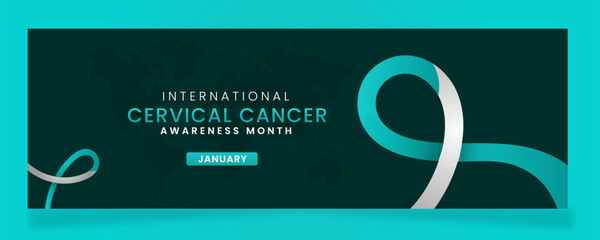 Cervical Cancer Awareness campaign banner with White and teal ribbon symbols on gradient pastel light Teal background.