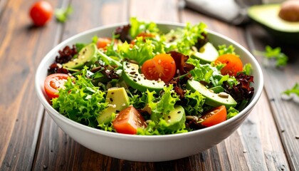 hot of a colorful fresh salad with mixed greens, cherry tomatoes, avocado