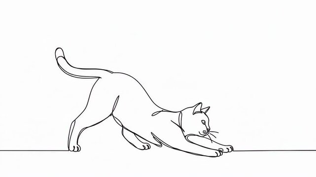 Cat stretching gracefully on a simple line drawing background  