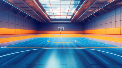 Indoor sports court with a blue and orange wooden floor, marked for various games like volleyball, basketball, badminton, futsal, and handball