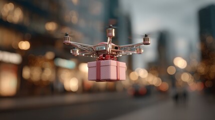 futuristic gift delivery drone hovering, city lights in soft focus