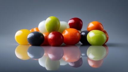 A vibrant assortment of multicolored candies reflecting on a smooth surface.