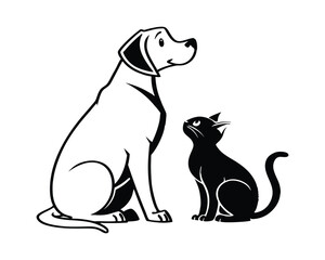 Friendly Dog and Cat Sitting Together Black and White Illustration
