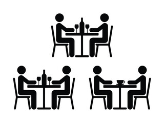 People at Tables Pictogram, Dining, Couple at Cafe, Simple Seating, Meeting Black Icon