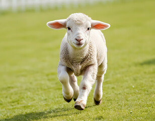 Obraz premium Cute lamb running in the grass on a sunny spring day.