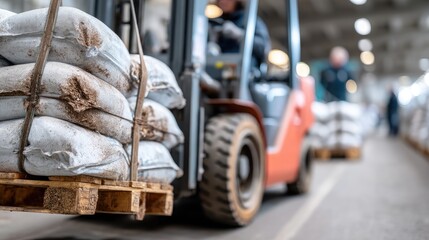 Forklift operator lifts large white flour bags off crates in a bustling warehouse environment filled with activity